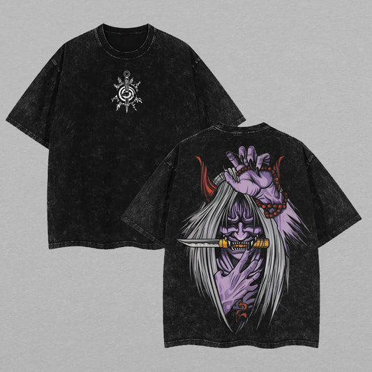 Japanese Oni Mask Samurai Sword Demon Warrior Retro Vintage Washed Graphic T-Shirt - Limited Edition Streetwear Oversized Aesthetic Tee - Premium Culture Inspired Streetwear