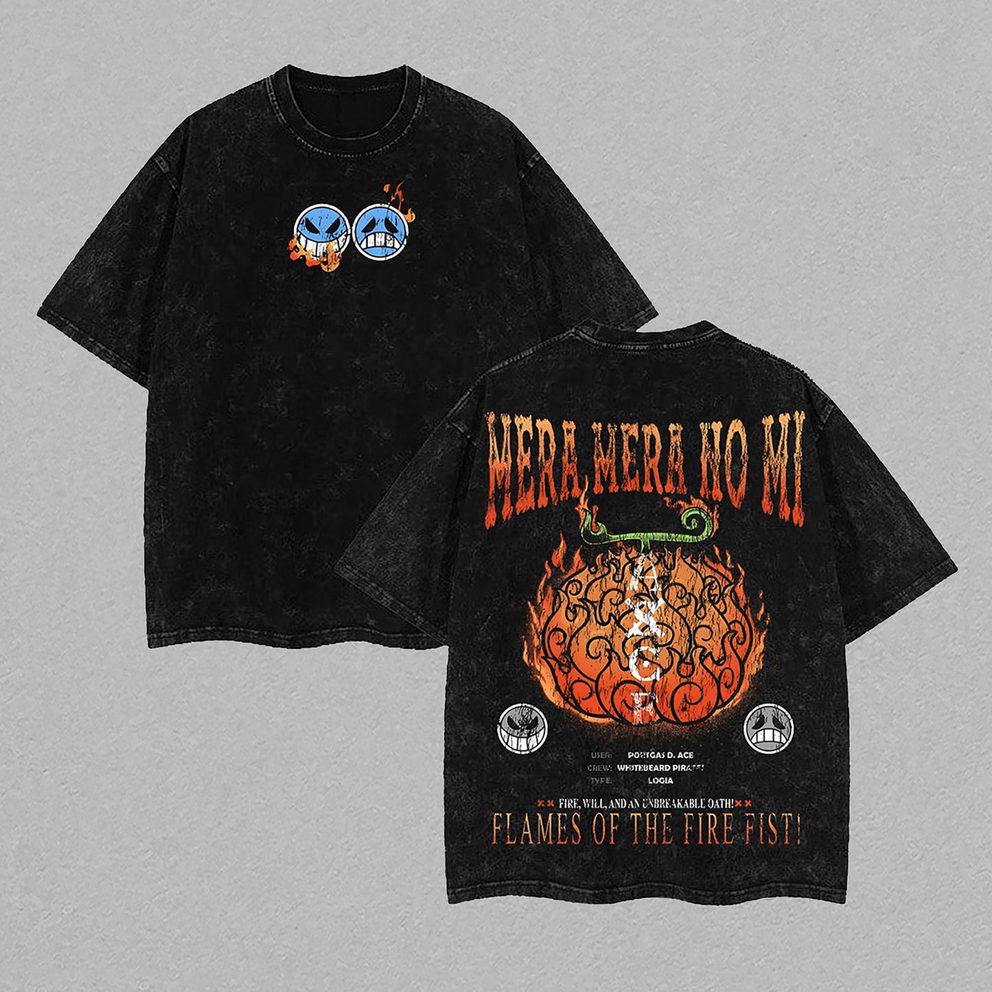 Portgas D. Ace One Piece Mera Mera no Mi | Retro Vintage Washed T-Shirt | Limited Edition Oversized Streetwear