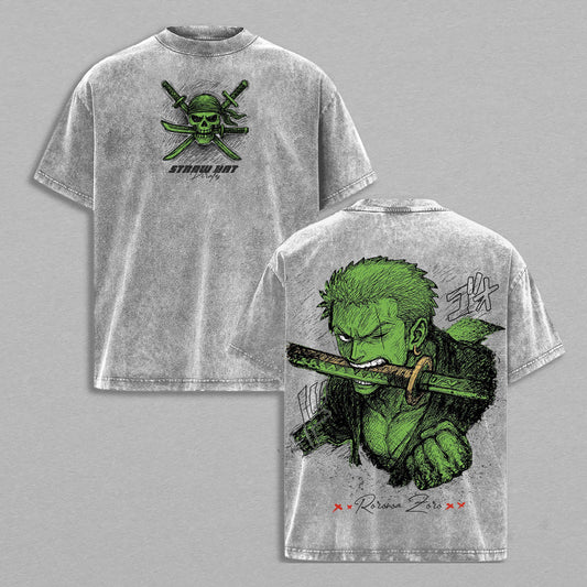 Roronoa Zoro Three Sword Style Pirate Hunter One Piece Retro Vintage Washed Graphic T-Shirt - Limited Edition Streetwear Oversized Aesthetic Tee - Premium Samurai Apparel