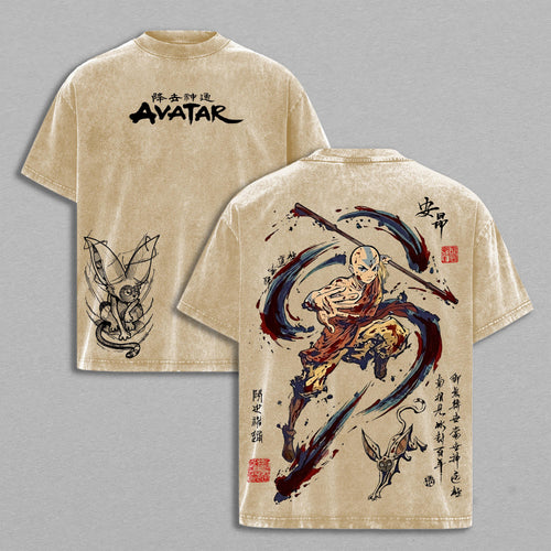 Avatar Aang The Last Airbender Elemental Bending | Retro Vintage Washed T-Shirt | Limited Edition Oversized Streetwear