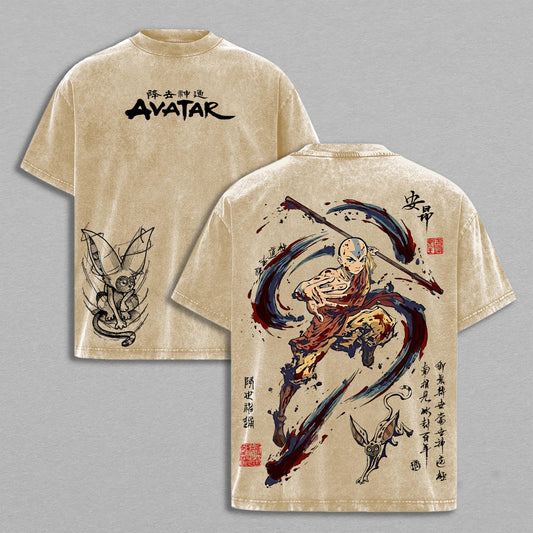 Avatar Aang The Last Airbender Elemental Bending | Retro Vintage Washed T-Shirt | Limited Edition Oversized Streetwear