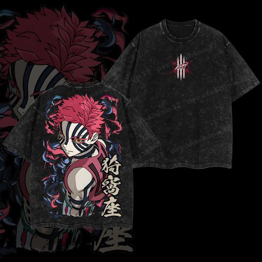 Akaza Fighting Spirit Upper Moon Demon Slayer Retro Vintage Washed Graphic T-Shirt - Limited Edition Streetwear Oversized Aesthetic Tee - Premium Strength Beyond Limits Gear