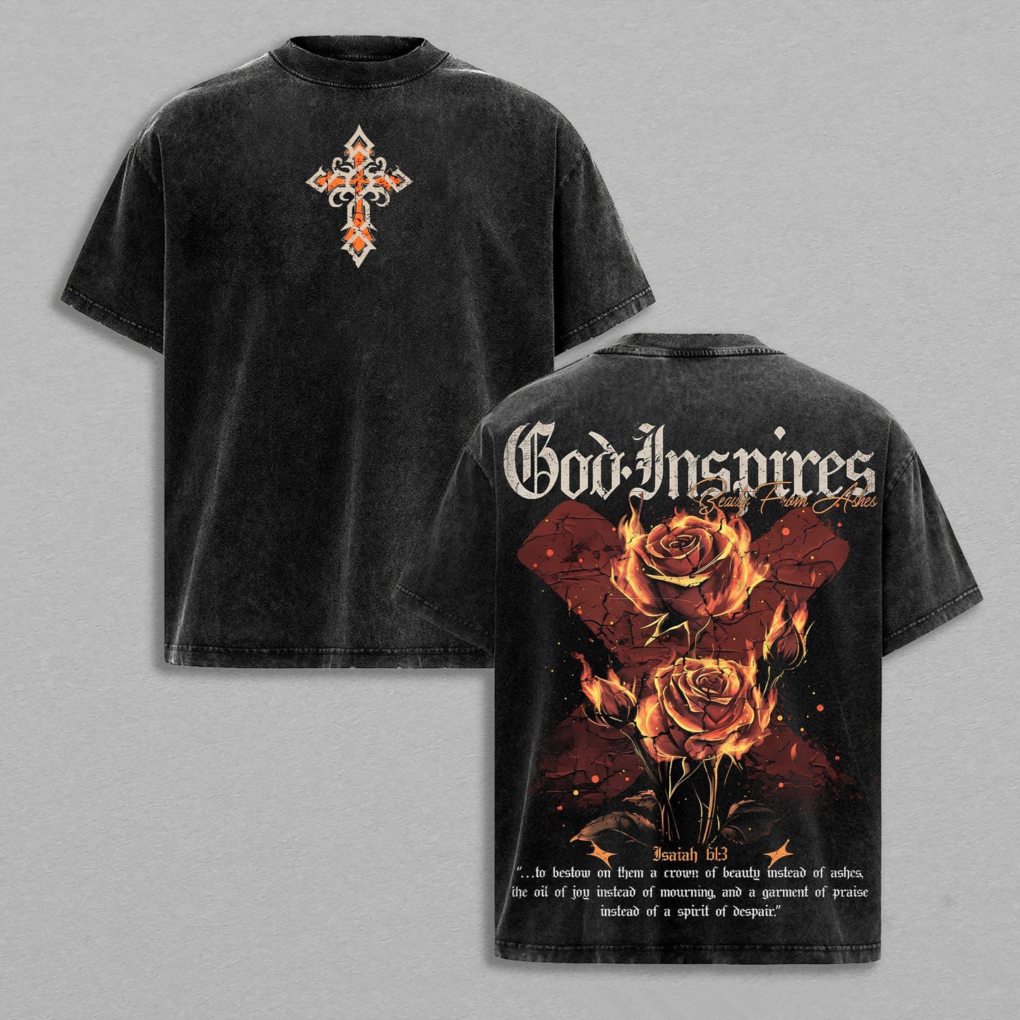 God Inspires Faith Burning Roses Christian Retro Vintage Washed T-Shirt Limited Oversized Streetwear Religious Graphic Tee Gift for Believers
