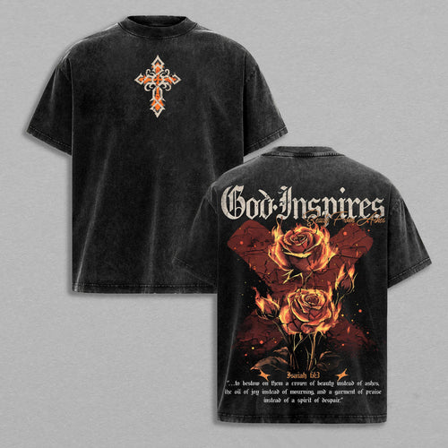 God Inspires Faith Burning Roses Christian Retro Vintage Washed T-Shirt Limited Oversized Streetwear Religious Graphic Tee Gift for Believers