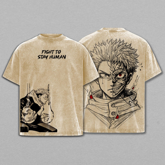Yuji Itadori Jujutsu Kaisen Fight to Stay Human | Retro Vintage Washed T-Shirt | Limited Edition Oversized Streetwear