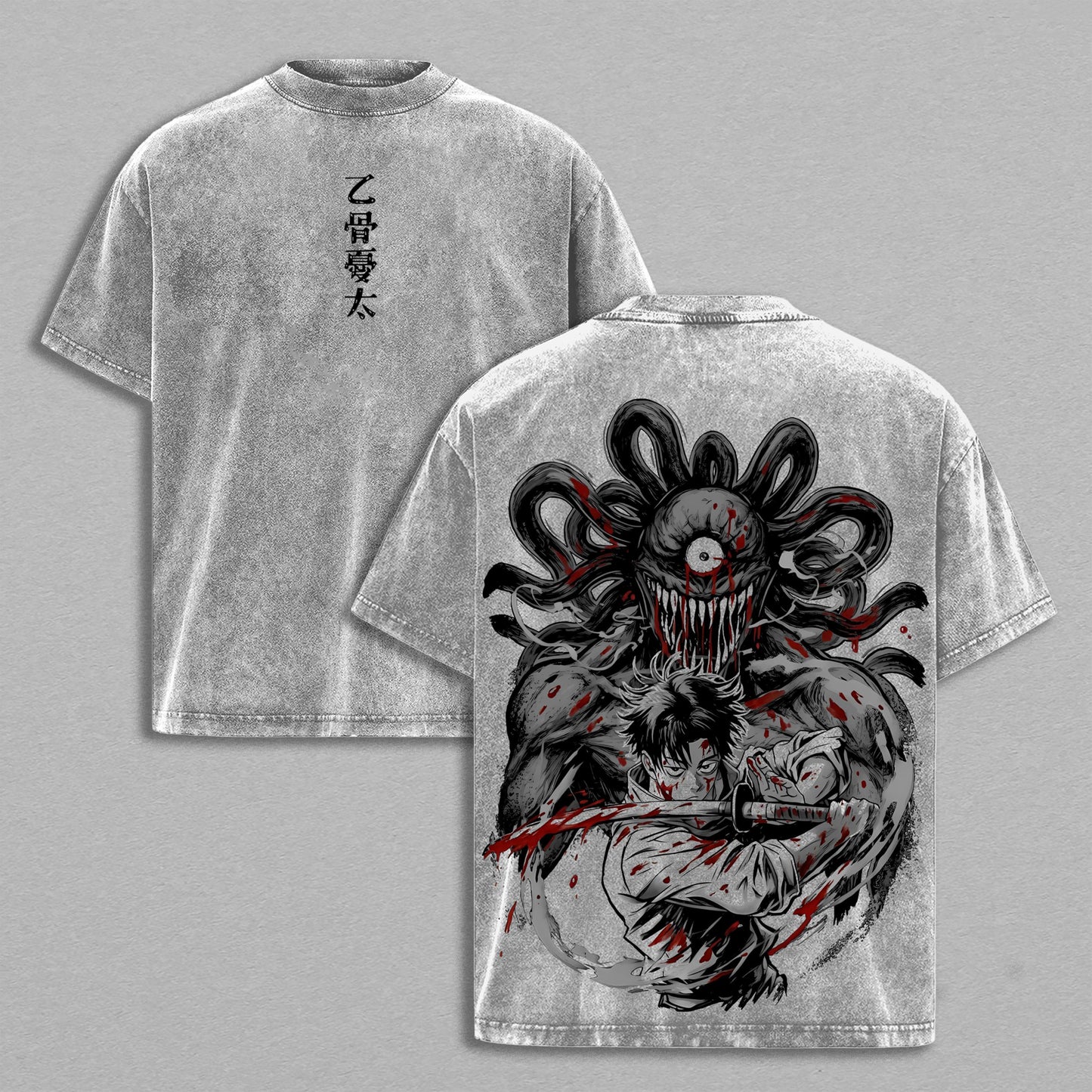Dark Samurai Demon Japanese Kanji Retro Vintage Washed T-Shirt Limited Oversized Streetwear Japanese Aesthetic Graphic Tee Gift for Samurai Fans