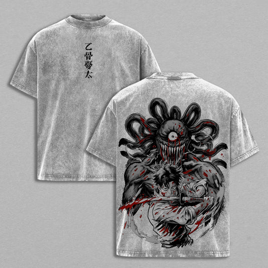 Dark Samurai Demon Japanese Kanji Horror Retro Vintage Washed Graphic T-Shirt - Limited Edition Streetwear Oversized Aesthetic Tee - Premium Fearless Spirit Streetwear Gift