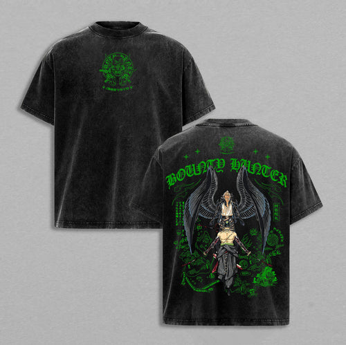 Bounty Hunter Dark Angel Wings Retro Vintage Washed T-Shirt Limited Oversized Streetwear Dark Fantasy Graphic Tee Gift for Fantasy Fans