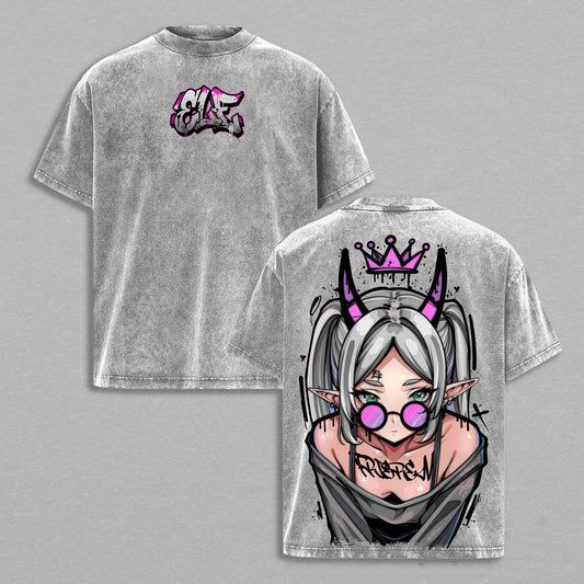Anime Demon Girl Pink Graffiti Crown Retro Vintage Washed T-Shirt Limited Oversized Streetwear Dark Anime Graphic Tee Gift for Manga Fans