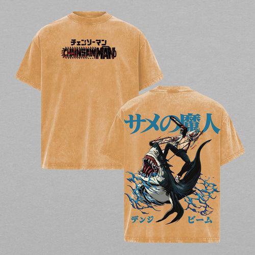 Denji Chainsaw Man Shark Ride | Retro Vintage Washed T-Shirt | Limited Edition Oversized Streetwear