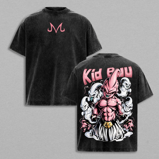 Kid Buu Evil Form Pink Energy Dragon Ball Z Retro Vintage Washed Graphic T-Shirt - Limited Edition Streetwear Oversized Aesthetic Tee - Premium Majin Saga Anime Gift