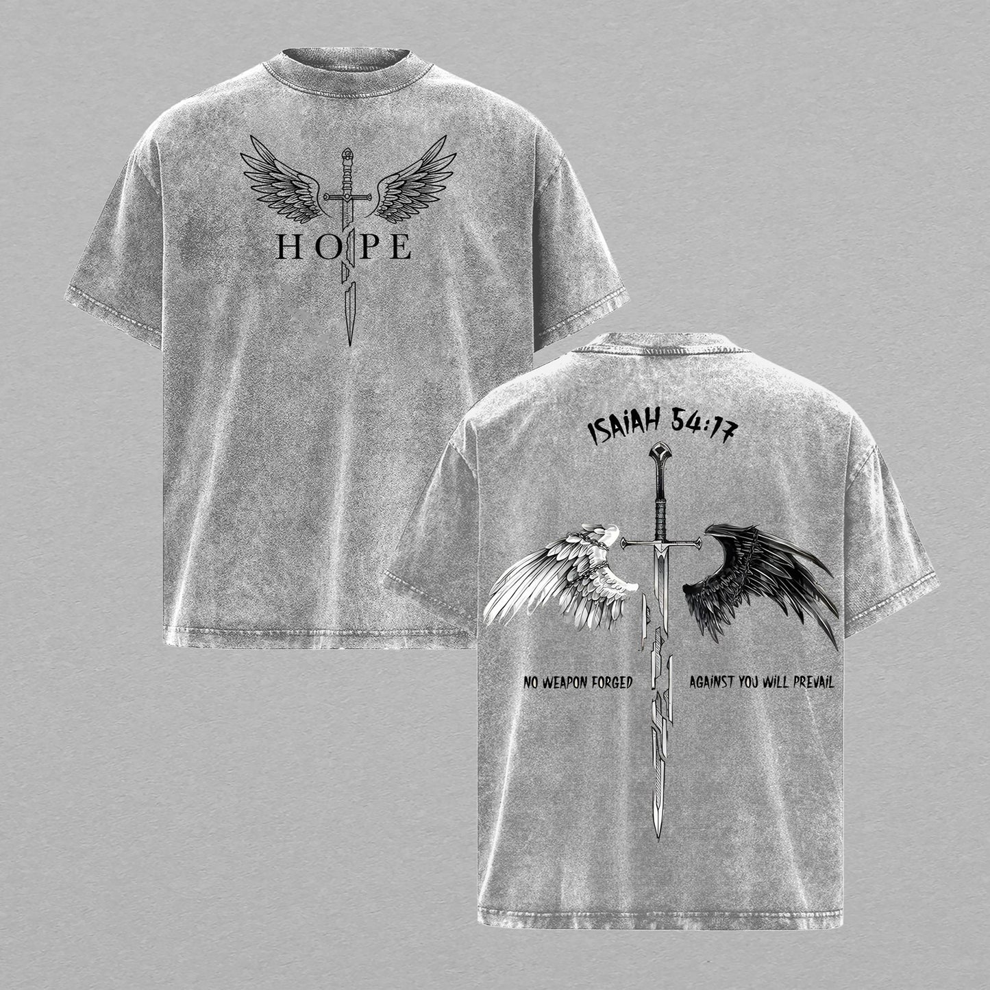 Hope Isaiah 54:17 Angel Wings Christian Retro Vintage Washed T-Shirt Limited Oversized Streetwear Bible Verse Graphic Tee Gift for Believers