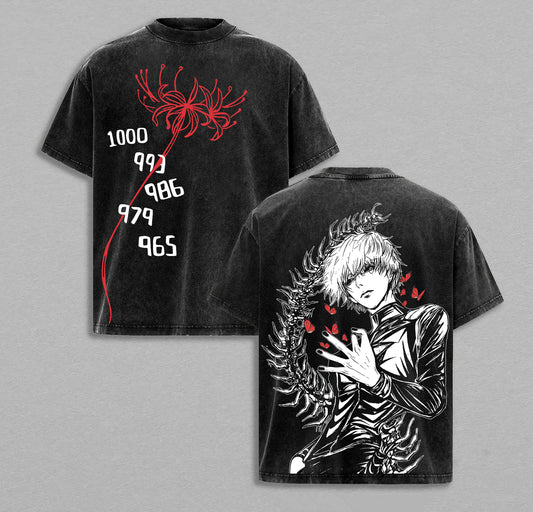 Ken Kaneki Centipede Red Spider Lily Tokyo Ghoul Retro Vintage Washed Graphic T-Shirt - Limited Edition Streetwear Oversized Aesthetic Tee - Premium Dark Manga Style Apparel