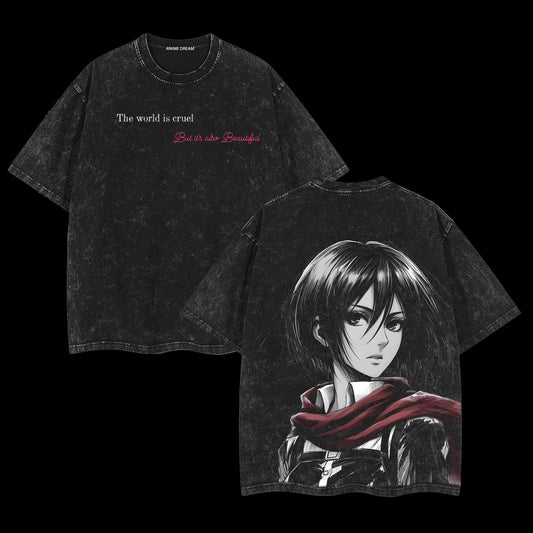 Mikasa Ackerman The World Is Cruel Attack on Titan Retro Vintage Washed Graphic T-Shirt - Limited Edition Streetwear Oversized Aesthetic Tee - Premium Scout Regiment Apparel