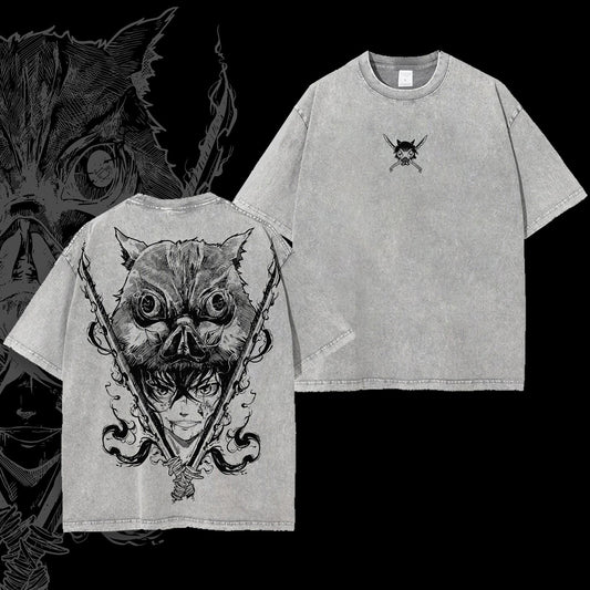 Owl Mask Dark Samurai Demon Japanese Aesthetic Retro Vintage Washed Graphic T-Shirt - Limited Edition Streetwear Oversized Aesthetic Tee - Premium Urban Streetwear Style Gift