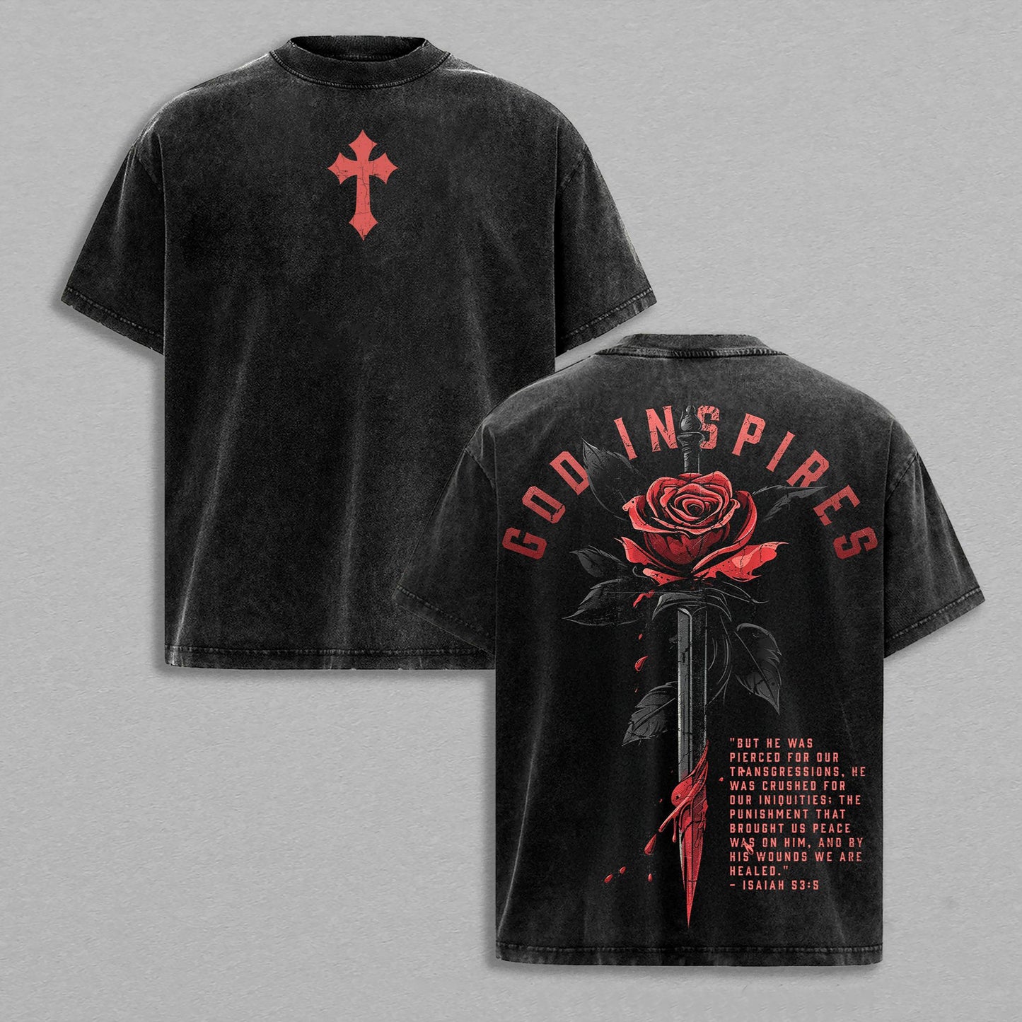 God Inspires Isaiah 53:5 Christian Faith Retro Vintage Washed T-Shirt Limited Oversized Streetwear Bible Verse Graphic Tee Gift for Believers