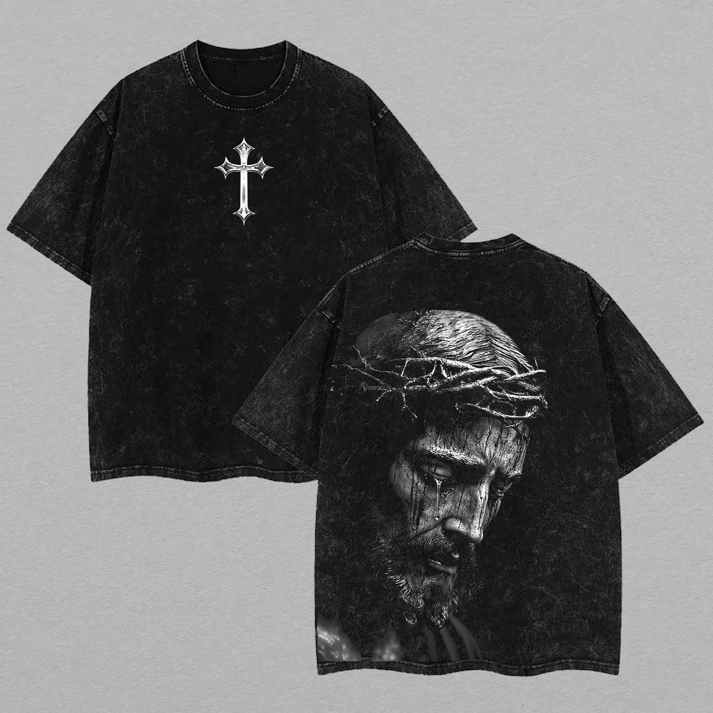 Jesus Christ Crown of Thorns Cross Christian Retro Vintage Washed T-Shirt Limited Oversized Streetwear Religious Graphic Tee Gift for Believers