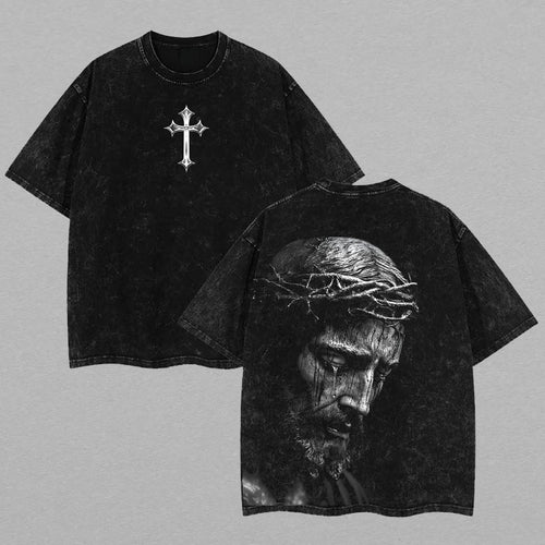 Jesus Christ Crown of Thorns Cross Christian Retro Vintage Washed T-Shirt Limited Oversized Streetwear Religious Graphic Tee Gift for Believers