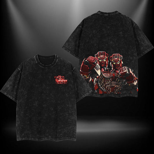 Twin Cities Samurai Robot Cyberpunk Armor Warrior Retro Vintage Washed Graphic T-Shirt - Limited Edition Streetwear Oversized Aesthetic Tee - Premium Techwear Style Gift