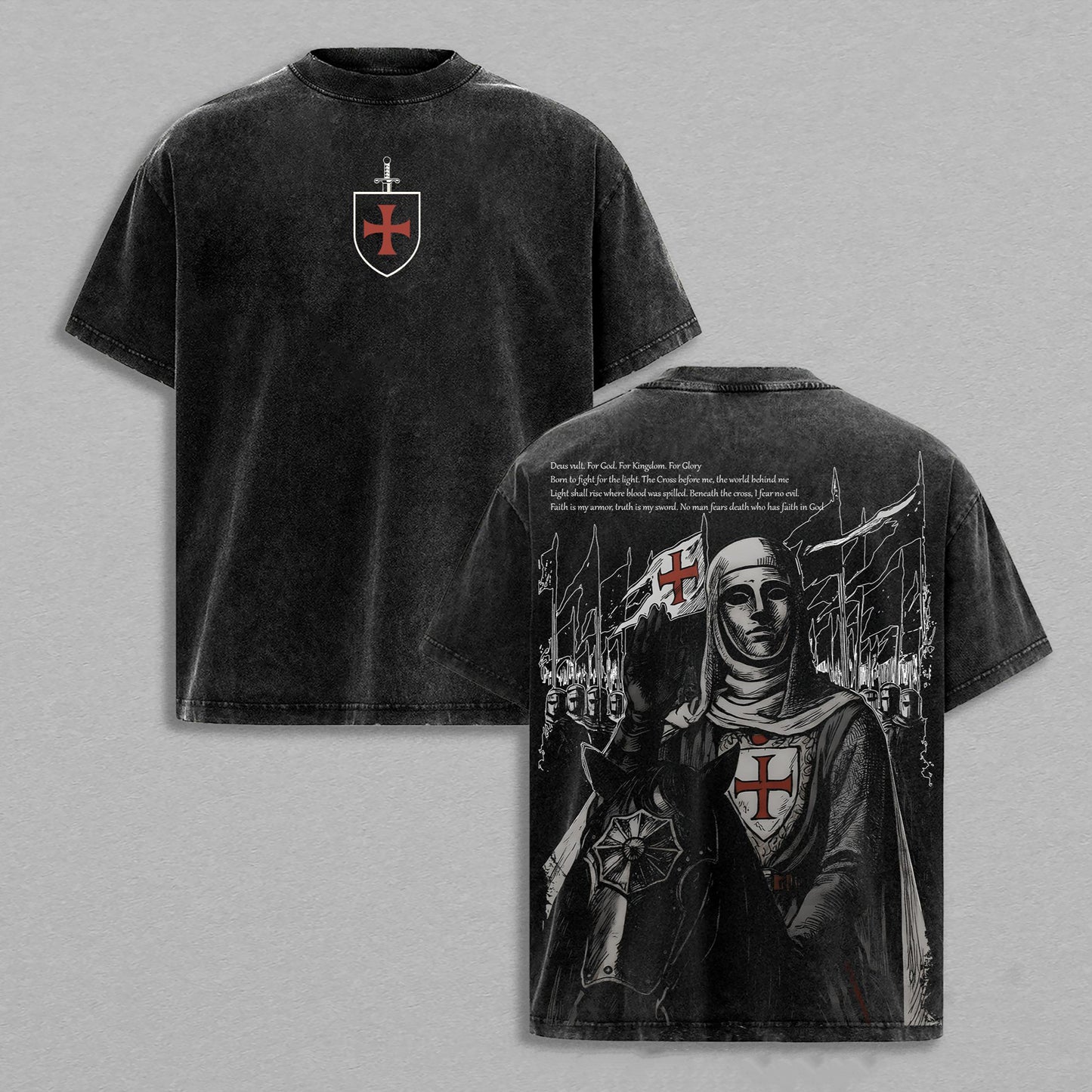 Deus Vult Knight Templar Crusader Christian Retro Vintage Washed T-Shirt Limited Oversized Streetwear Religious Graphic Tee Gift for Men