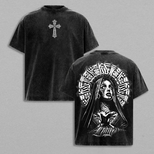 Praying Nun Gothic Chicano Art Christian Retro Vintage Washed T-Shirt Limited Oversized Streetwear Religious Graphic Tee Gift for Believers