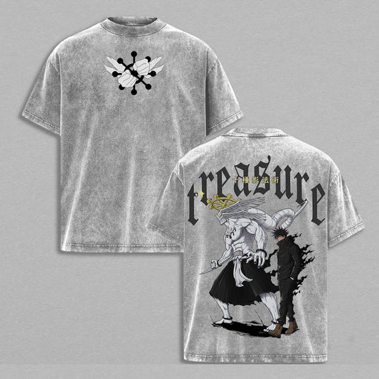 Megumi Fushiguro & Mahoraga Divine General Jujutsu Kaisen Retro Vintage Washed Graphic T-Shirt - Limited Edition Streetwear Oversized Aesthetic Tee - Premium Eight-Handled Sword Gear