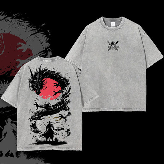 Roronoa Zoro Dragon Slash One Piece Retro Vintage Washed Graphic T-Shirt - Limited Edition Streetwear Oversized Aesthetic Tee - Premium Samurai Battle Manga Apparel
