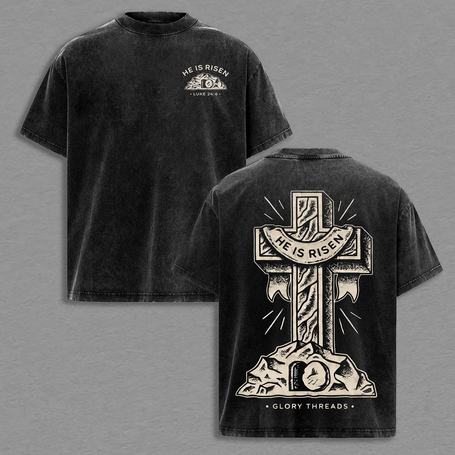 He Is Risen Luke 24:6 Christian Retro Vintage Washed T-Shirt Limited Oversized Streetwear Bible Verse Graphic Tee Gift for Believers