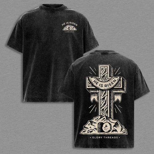 He Is Risen Luke 24:6 Christian Retro Vintage Washed T-Shirt Limited Oversized Streetwear Bible Verse Graphic Tee Gift for Believers