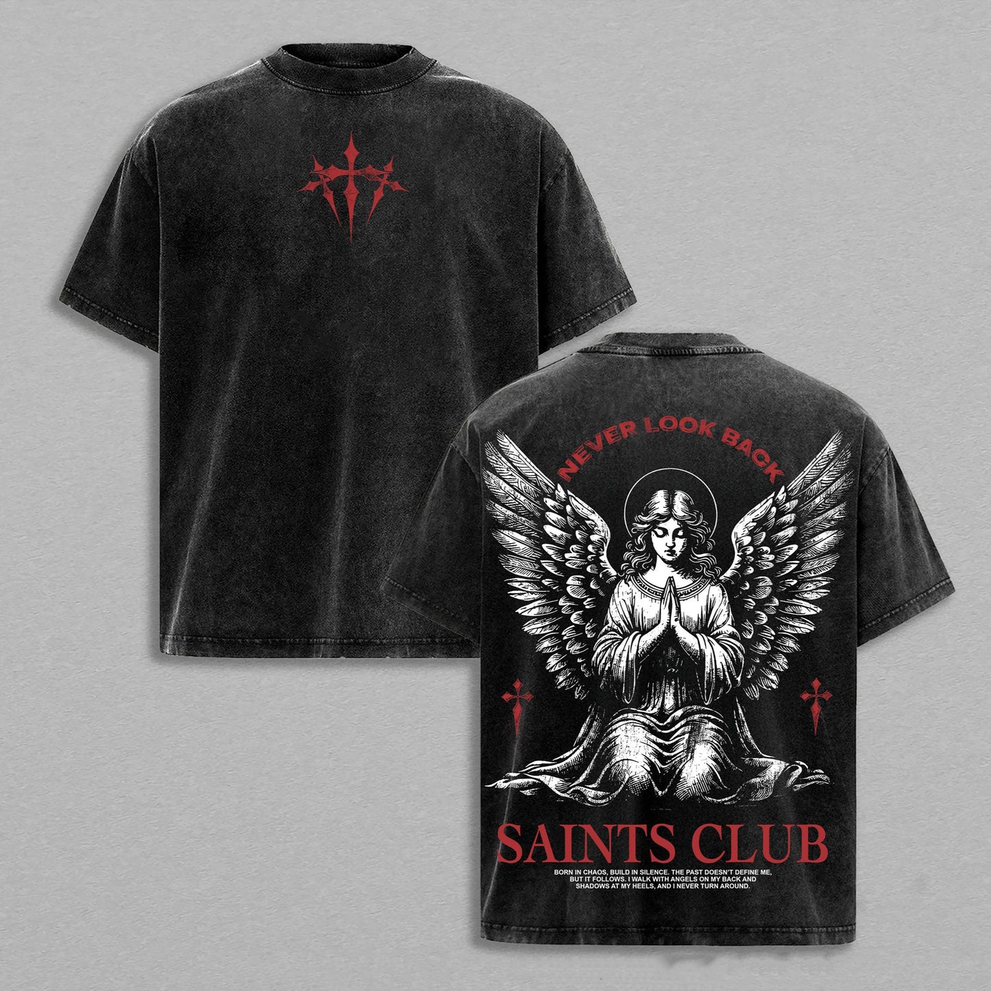 Saints Club Never Look Back Praying Angel Christian Retro Vintage Washed T-Shirt Limited Oversized Streetwear Religious Graphic Tee Gift for Believers