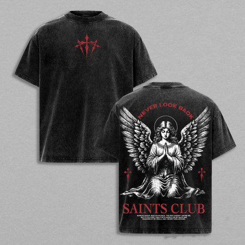 Saints Club Never Look Back Praying Angel Christian Retro Vintage Washed T-Shirt Limited Oversized Streetwear Religious Graphic Tee Gift for Believers