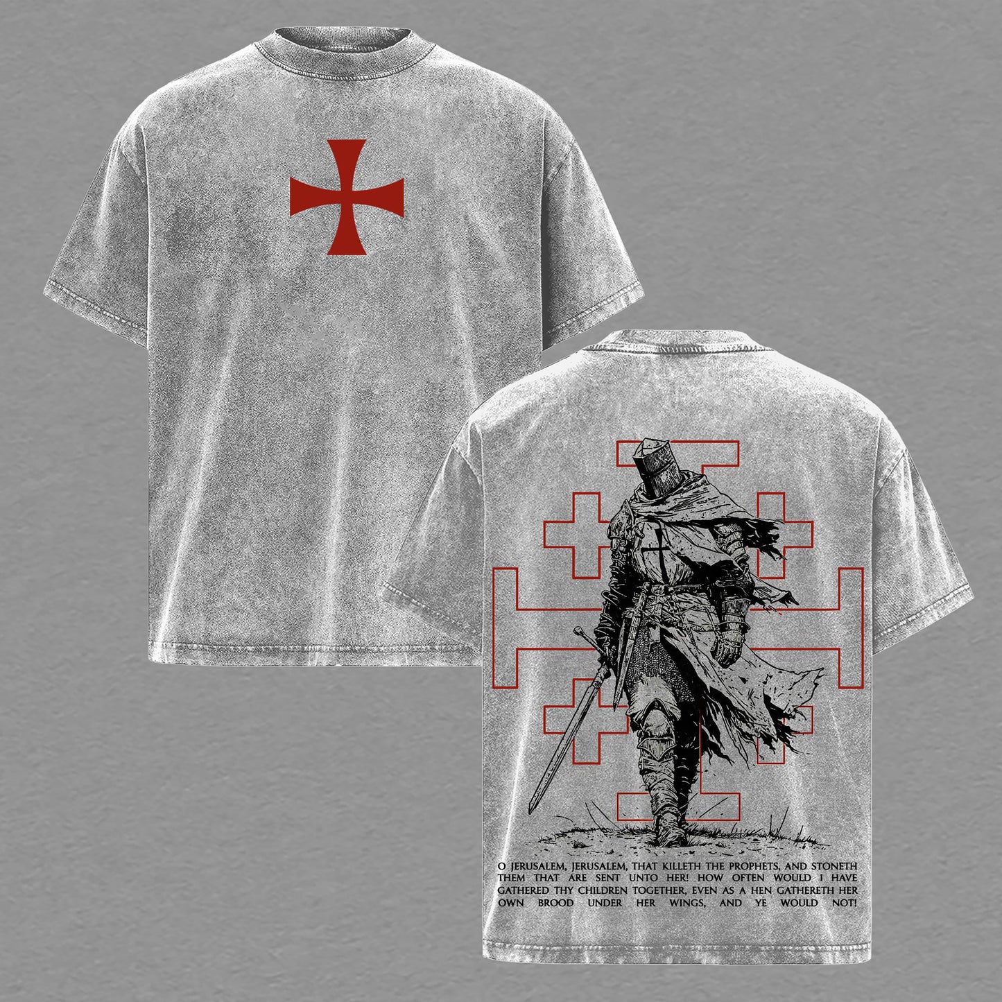 Knight Templar Crusader Jerusalem Christian Retro Vintage Washed T-Shirt Limited Oversized Streetwear Religious Graphic Tee Gift for Men