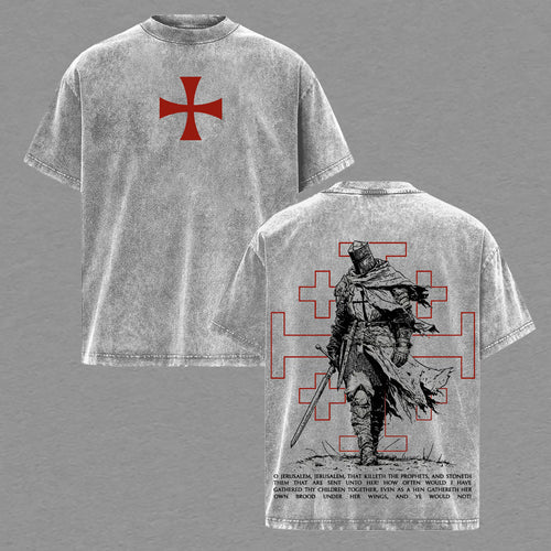 Knight Templar Crusader Jerusalem Christian Retro Vintage Washed T-Shirt Limited Oversized Streetwear Religious Graphic Tee Gift for Men