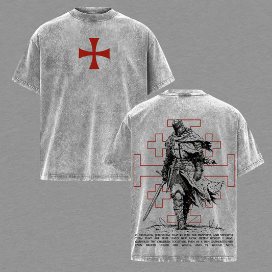 Knight Templar Crusader Jerusalem Cross Christian Warrior Retro Vintage Washed Graphic T-Shirt - Limited Edition Streetwear Oversized Aesthetic Tee - Premium History Buff Apparel