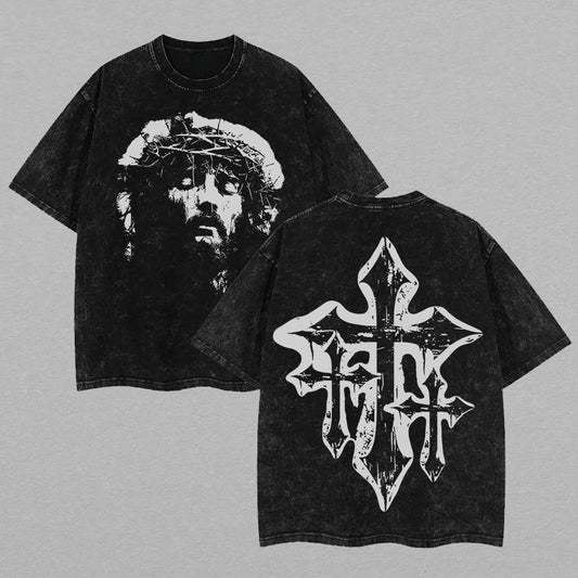 Jesus Christ Crown of Thorns Gothic Cross Christian Faith Retro Vintage Washed Graphic T-Shirt - Limited Edition Streetwear Oversized Aesthetic Tee - Premium Double Sided Print