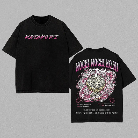 Charlotte Katakuri Mochi Mochi no Mi One Piece Retro Vintage Washed Graphic T-Shirt - Limited Edition Streetwear Oversized Aesthetic Tee - Premium Double Sided Pink Print