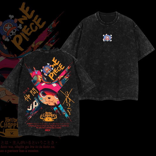 Tony Tony Chopper 3D2Y Straw Hat Pirates One Piece Retro Vintage Washed Graphic T-Shirt - Limited Edition Streetwear Oversized Aesthetic Tee - Premium Double Sided Print