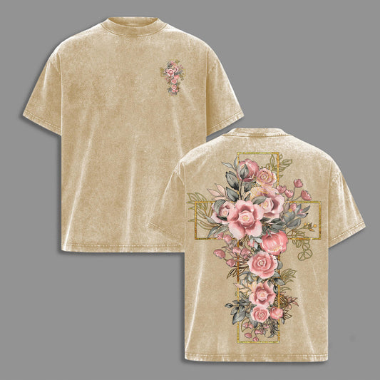 Floral Cross Pink Roses Gold Frame Christian Faith Retro Vintage Washed Graphic T-Shirt - Limited Edition Streetwear Oversized Aesthetic Tee - Premium Double Sided Nature Gift