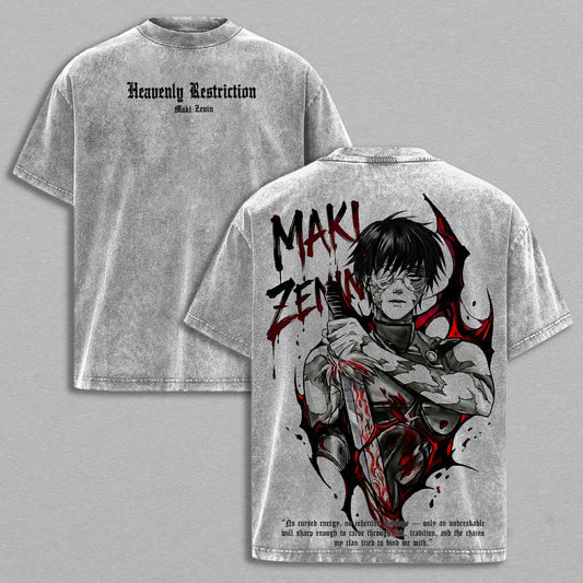 Maki Zenin Heavenly Restriction Cursed Tool Jujutsu Kaisen Retro Vintage Washed Graphic T-Shirt - Limited Edition Streetwear Oversized Aesthetic Tee - Premium Double Sided Print