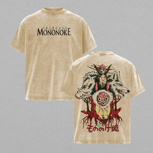 Princess Mononoke San Moro Ashitaka Wolf Girl Studio Ghibli Retro Vintage Washed Graphic T-Shirt - Limited Edition Streetwear Oversized Aesthetic Tee - Premium Double Sided Print
