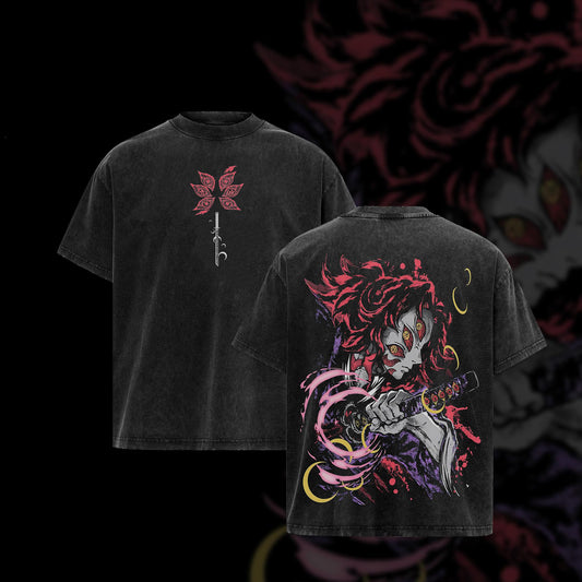 Kokushibo Upper Moon One Moon Breathing Demon Slayer Retro Vintage Washed Graphic T-Shirt - Limited Edition Streetwear Oversized Aesthetic Tee - Premium Double Sided Manga Gift
