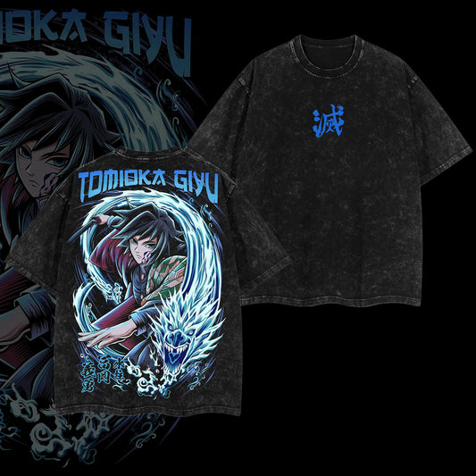Giyu Tomioka Water Breathing Water Dragon Demon Slayer Retro Vintage Washed Graphic T-Shirt - Limited Edition Streetwear Oversized Aesthetic Tee - Premium Double Sided Anime Gear