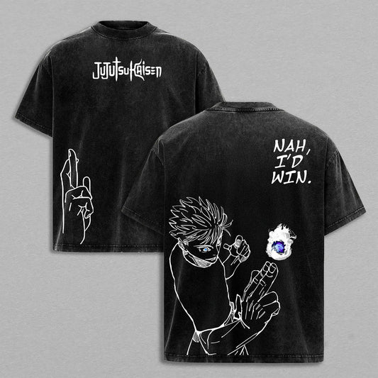 Satoru Gojo Nah I'd Win Hollow Purple Domain Expansion Jujutsu Kaisen Retro Vintage Washed Graphic T-Shirt - Limited Edition Streetwear Oversized Aesthetic Tee - Premium Double Sided Print