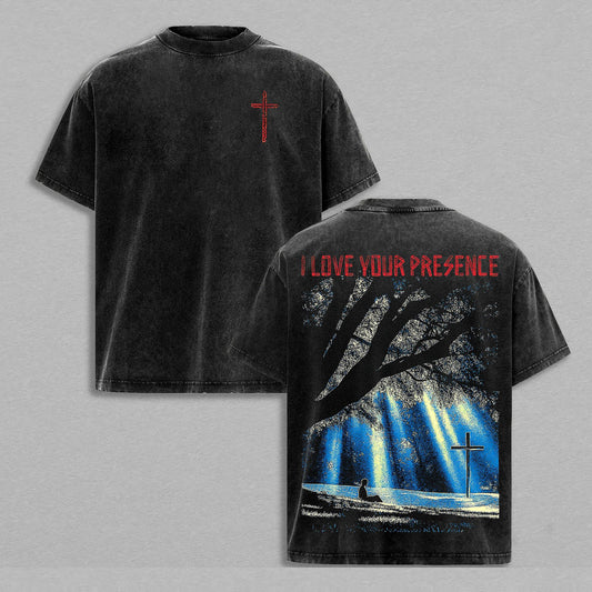 I Love Your Presence Holy Spirit Cross Light Christian Faith Retro Vintage Washed Graphic T-Shirt - Limited Edition Streetwear Oversized Aesthetic Tee - Premium Double Sided Print