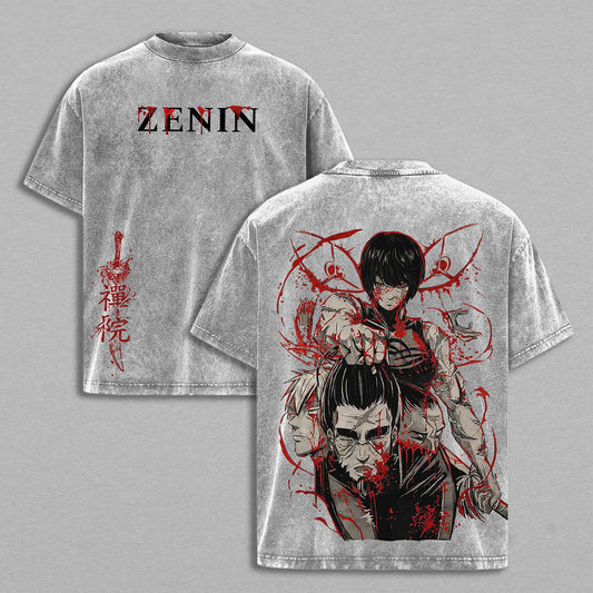 Maki Zenin Clan Massacre Mai Zenin Blood Print Jujutsu Kaisen Retro Vintage Washed Graphic T-Shirt - Limited Edition Streetwear Oversized Aesthetic Tee - Premium Double Sided Print