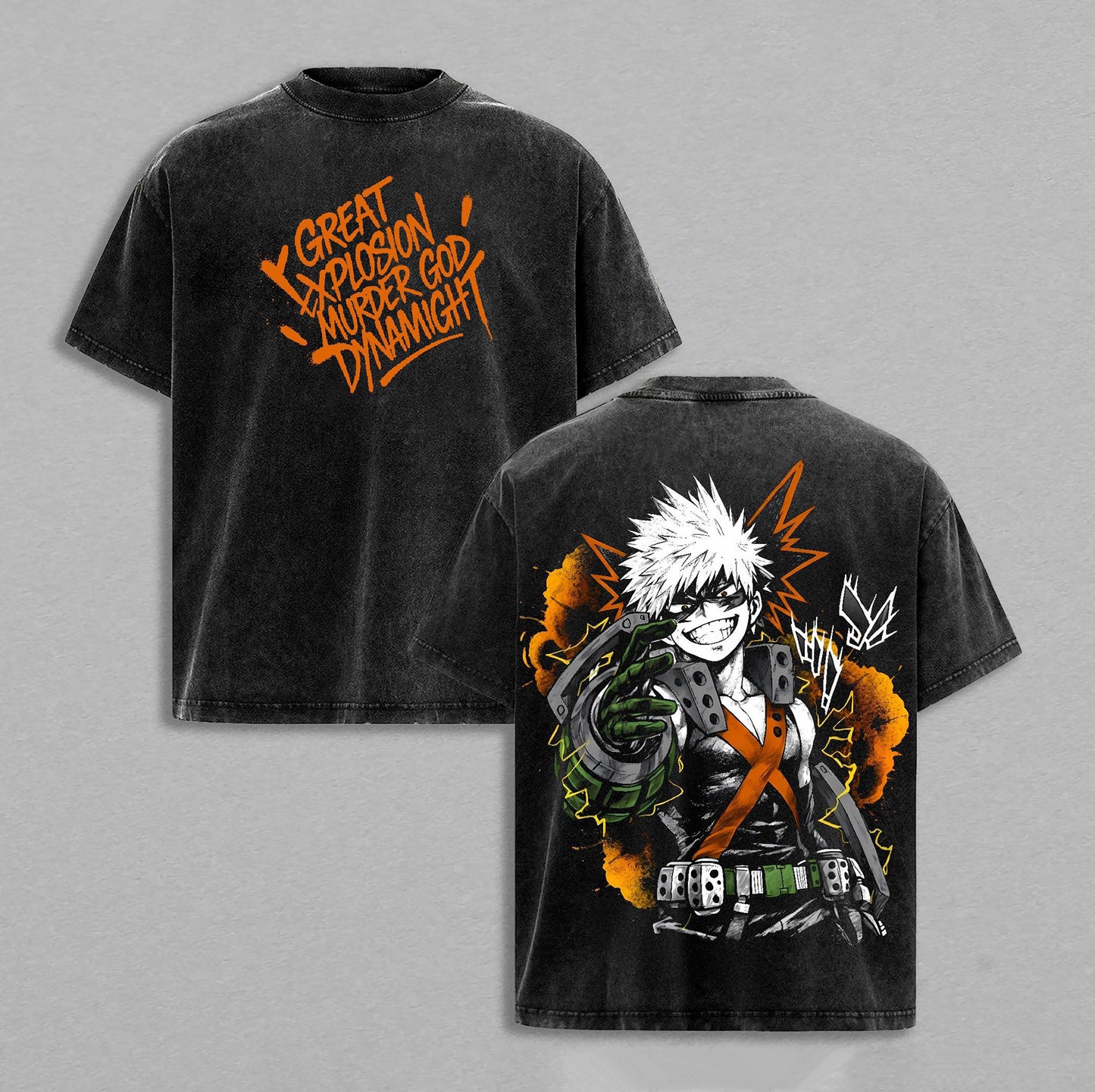 Katsuki Bakugo Great Explosion Murder God Dynamight My Hero Academia Retro Vintage Washed Graphic T-Shirt - Limited Edition Streetwear Oversized Aesthetic Tee - Premium Double Sided Gear
