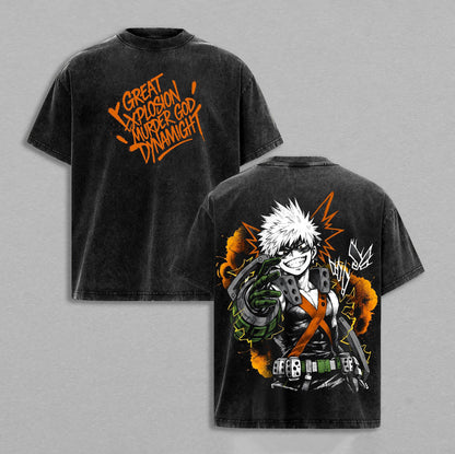 Katsuki Bakugo Great Explosion Murder God Dynamight My Hero Academia Retro Vintage Washed Graphic T-Shirt - Limited Edition Streetwear Oversized Aesthetic Tee - Premium Double Sided Gear