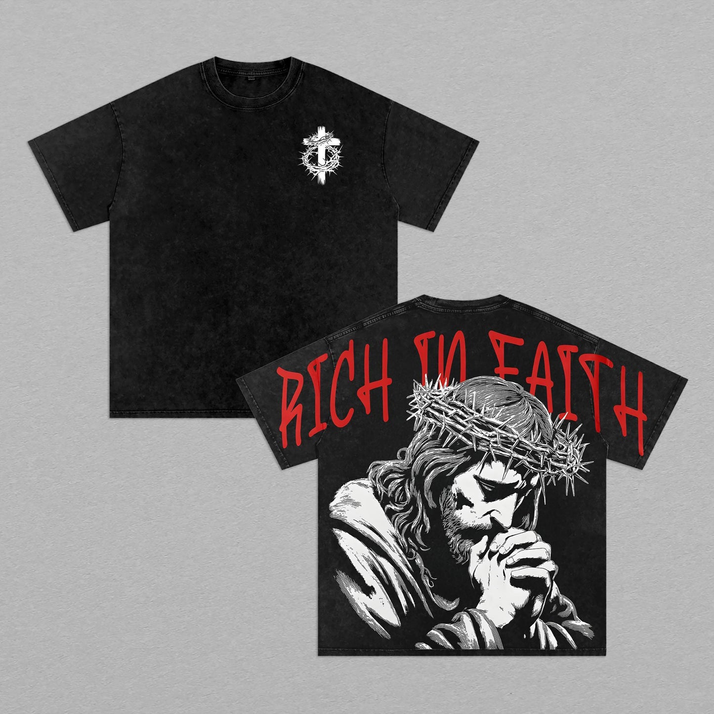 Rich In Faith Jesus Crown of Thorns Christian Retro Vintage Washed T-Shirt Limited Oversized Streetwear Double-Sided Religious Tee Gift for Believers
