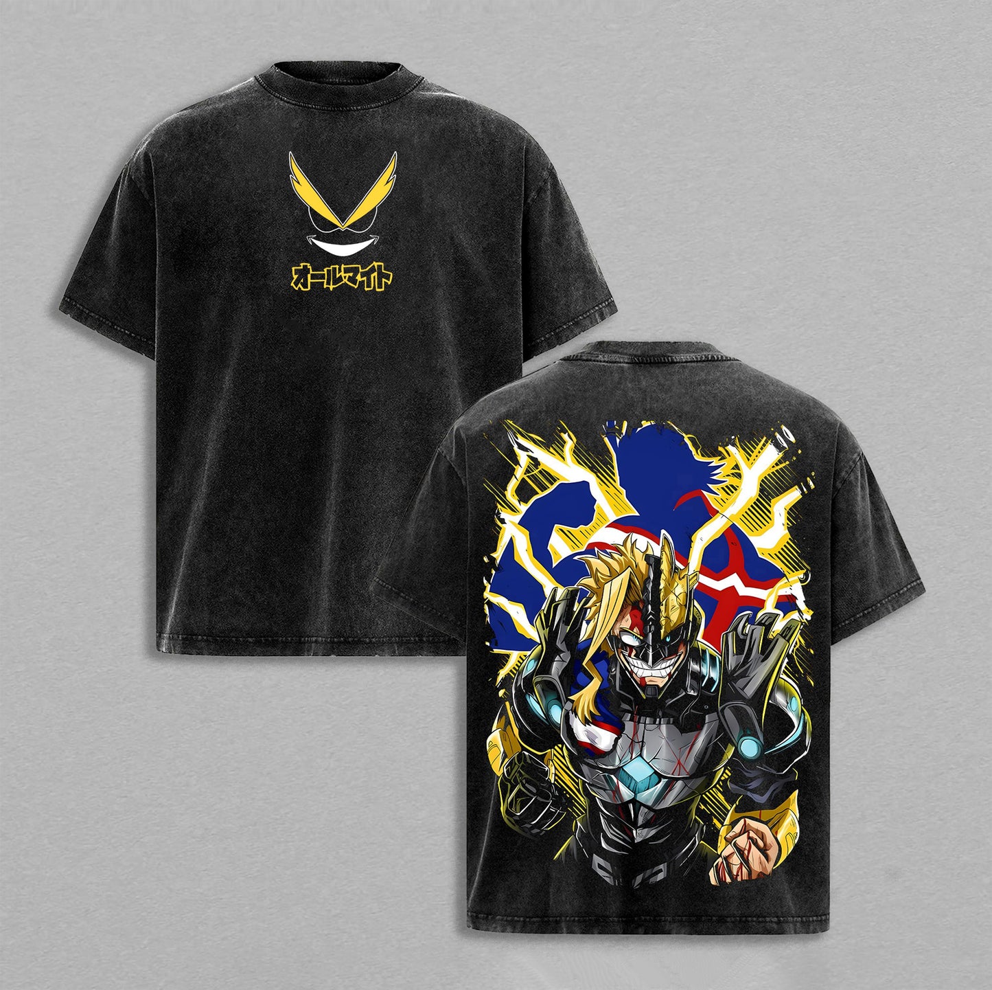 All Might Armored Form Toshinori Yagi My Hero Academia Retro Vintage Washed T-Shirt Limited Oversized Streetwear Double-Sided Anime Tee Gift for MHA Fans