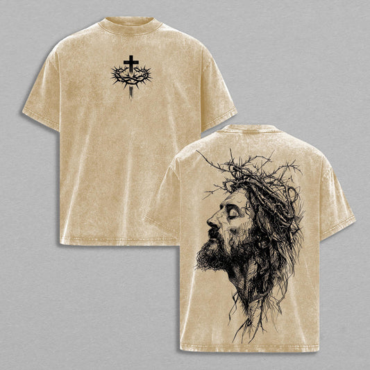 Jesus Christ Crown of Thorns Savior Portrait Christian Faith Retro Vintage Washed Graphic T-Shirt - Limited Edition Streetwear Oversized Aesthetic Tee - Premium Double Sided Print
